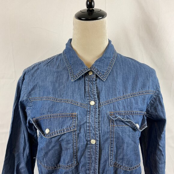 Veronica Beard Chambray Dress 10 Blue Snap Front Long Sleeve Pucker Pleats - Picture 2 of 13